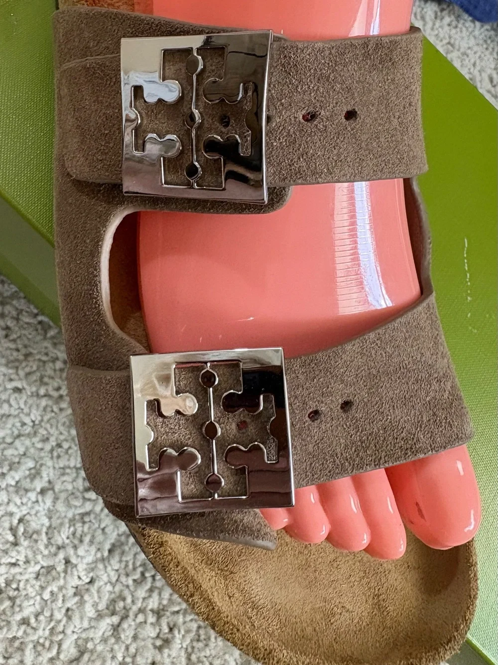 NIB! Women's TORY BURCH Taupe MELLOW SLIDE 2 Strap DESIGNER Foot-Bed SANDALS 8